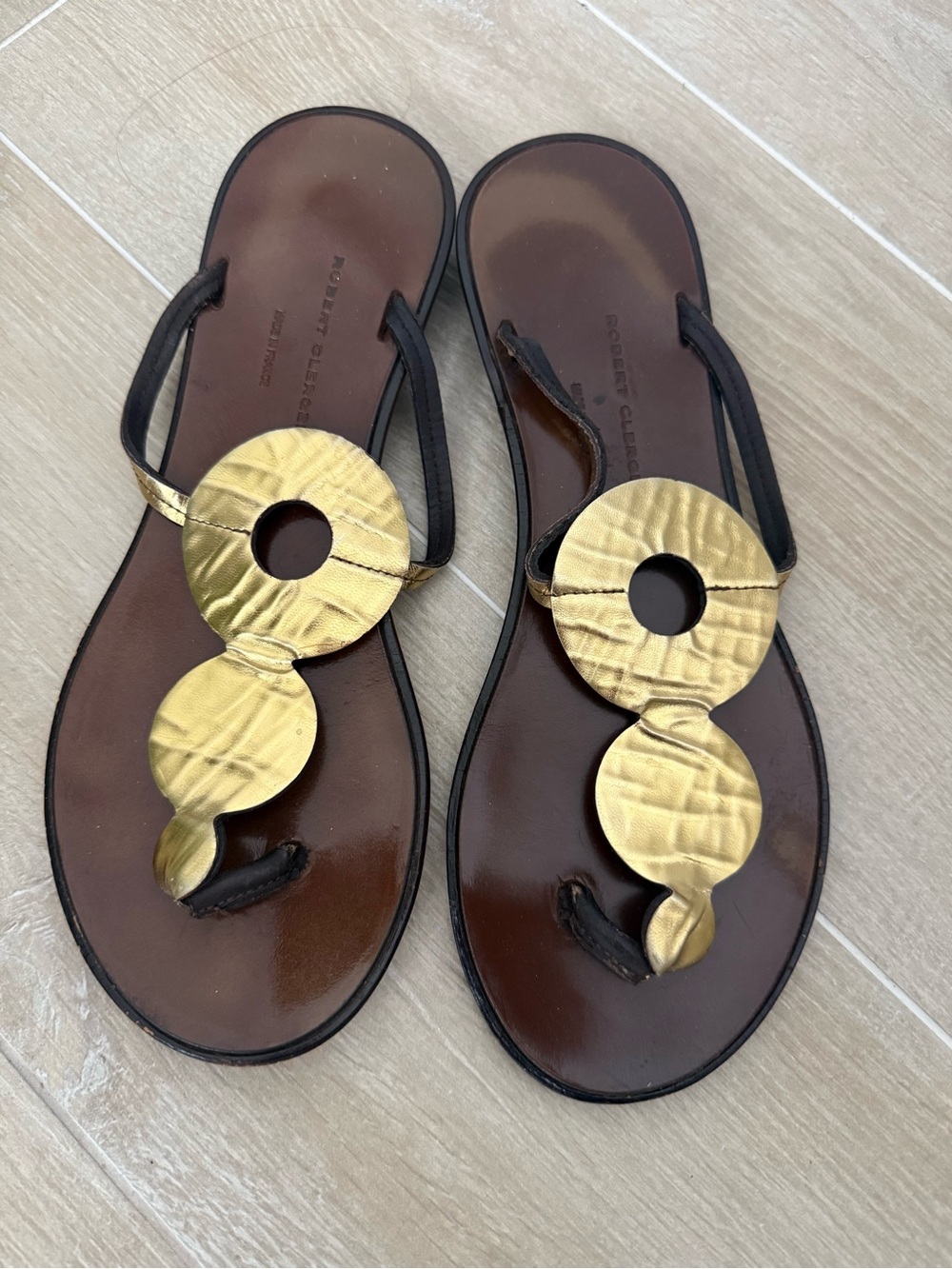 Robert Clergerie Gold Disc Leather Toe-Post Sandals
